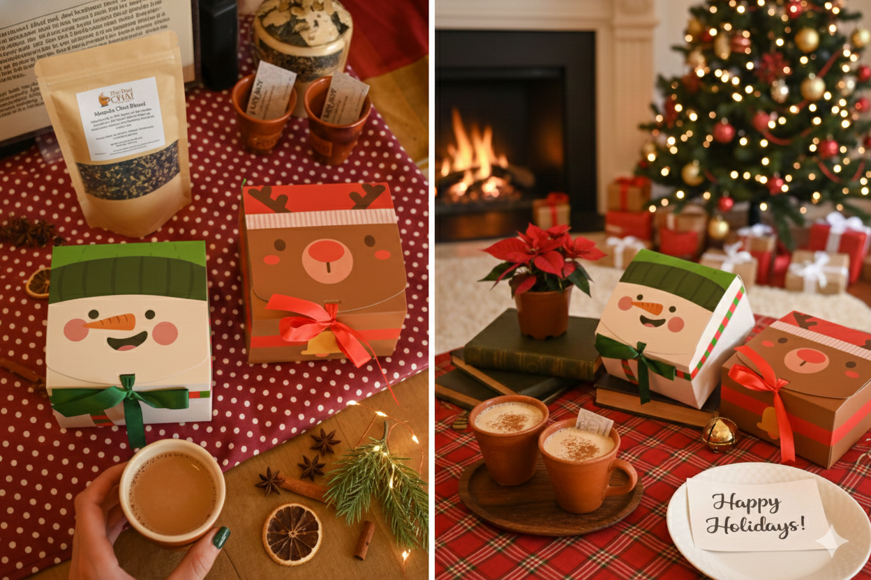 The Real Chai Holiday Gift Sets - festive chai packaging with snowman and reindeer boxes