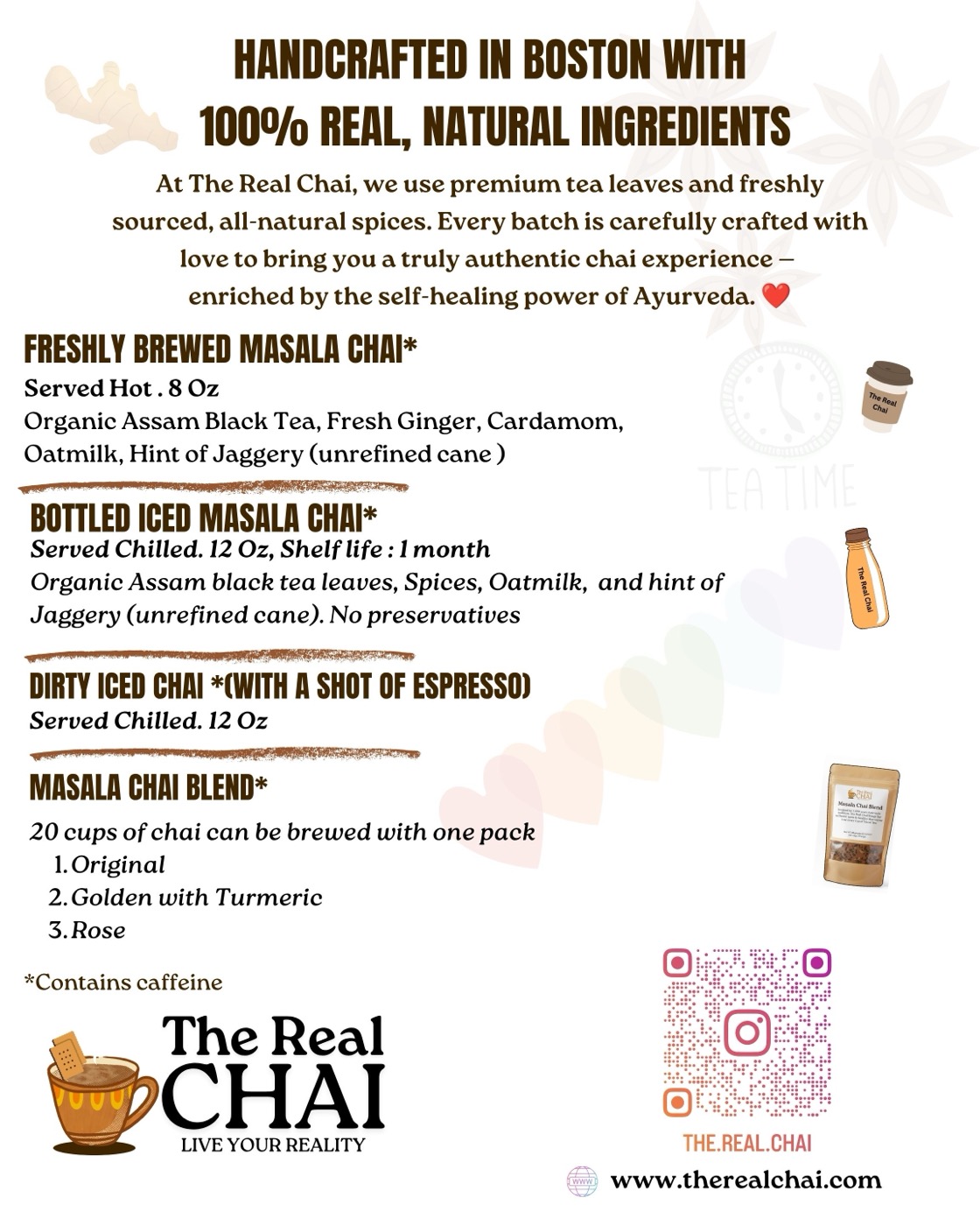 The Real Chai menu featuring freshly brewed masala chai, bottled iced masala chai, dirty iced chai, and masala chai blends